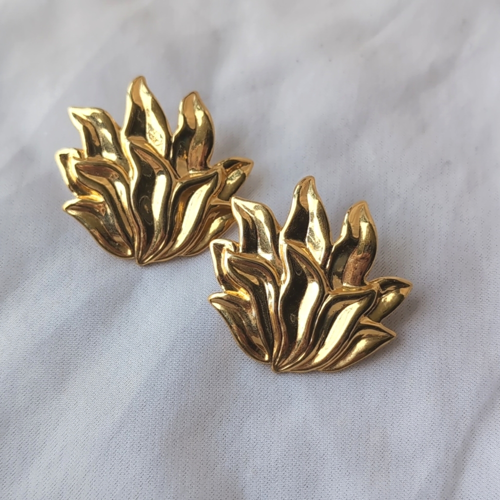 Pair of vintage gold chunky leaf earrings